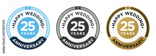 Happy wedding 25 years anniversary logo emblem round circle vector design element illustration isolated in gold, black, and blue colors