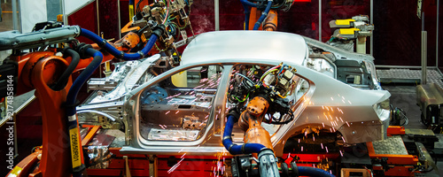Fotografie Robotic Welding Line for Car Body in Modern Automotive Smart Factory