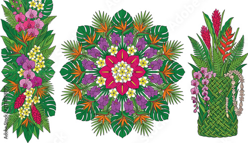 Colorful tropical flower arrangements featuring orchids, monstera leaves, bird of paradise, and a floral mandala design