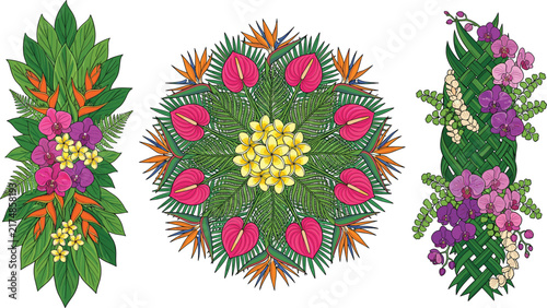 Colorful tropical flower illustrations featuring vibrant orchids, exotic bird of paradise, and a decorative floral mandala