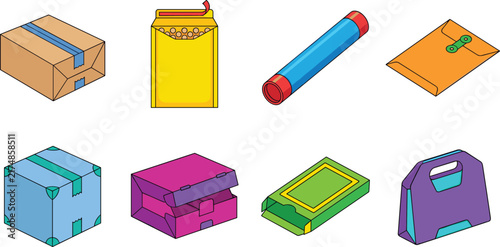 Set of colorful delivery boxes, shipping parcels, mailers, and packaging vector illustrations for e-commerce.