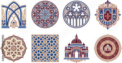 Set of medieval gothic and islamic architectural elements, ornate patterns, and crest vector illustrations.