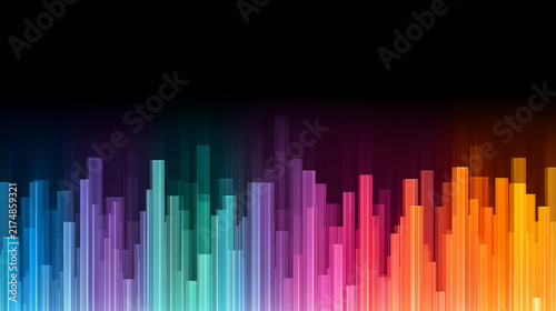 This abstract graphic features vertical gradient bars of varying heights arranged in rainbow color sequence from blue to orange,set against solid black background, styled like music audio equalizer