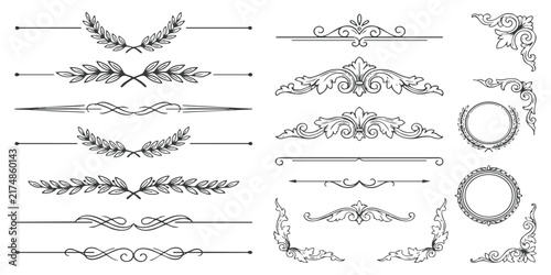 Set of vintage scroll dividers and floral corner frames for elegant wedding invitations and classic stationery