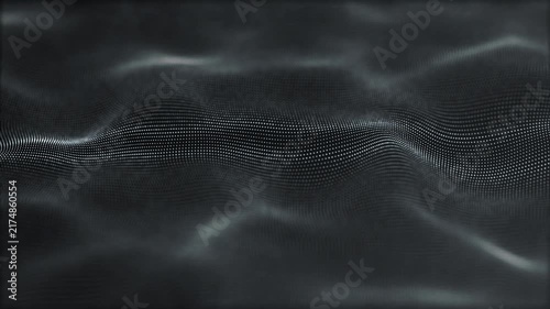 Dark monochrome dotted waves move across a soft abstract surface, forming a cinematic digital texture background for data, technology and visual design.