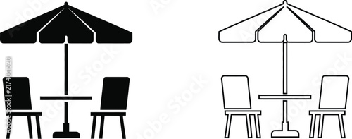 Cafe umbrella and table vector illustration featuring outdoor patio furniture with chairs under a sunshade parasol for restaurant and leisure concepts.