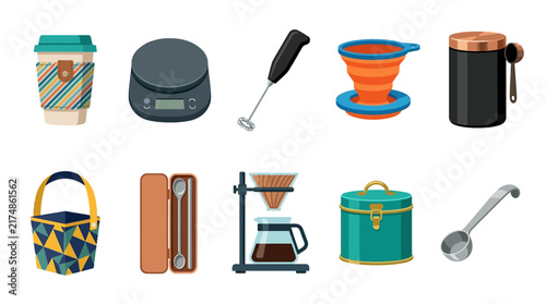 Modern coffee brewing equipment set, 10 barista tools, flat vector icons