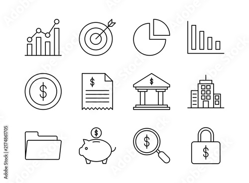 Business and Finance Outline Icon Set, 12 Financial, Investment and Banking Symbols