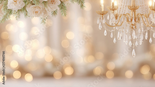 This is dreamy blurred scene,with partial golden crystal chandelier at the top right, white floral decor at the top left, and warm golden bokeh lights spread across the soft champagne-toned background