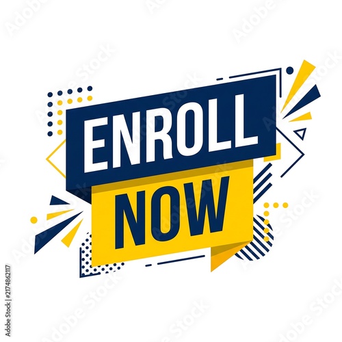 Enroll now badge with abstract geometric patterns