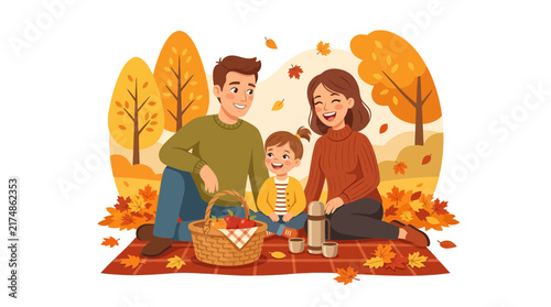Happy family enjoying an autumn picnic outdoors, sitting on a blanket surrounded by colorful fall leaves and trees.