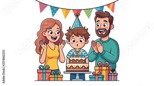 A happy family celebrates a young boy's birthday with cake, presents, and festive decorations.