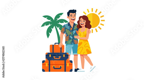 Happy cartoon couple ready for a tropical summer vacation with luggage and a palm tree under a bright sun.