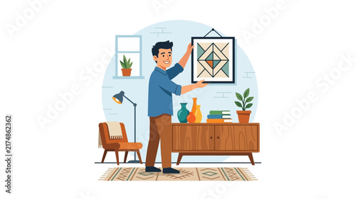 A man hanging a modern geometric art piece on the wall in a cozy, well-decorated living room.
