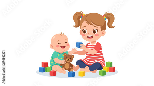 Happy older sister playing with her baby brother and colorful building blocks, sharing a joyful moment with a teddy bear on the floor.