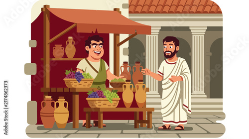 An illustration depicting an ancient Roman market scene with a vendor selling grapes and pottery to a customer in traditional togas.
