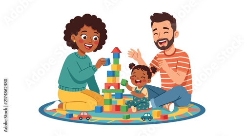 A happy diverse family playing with colorful building blocks on a rug, enjoying quality time together.