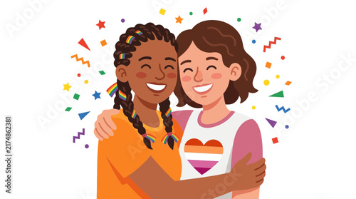 Two happy young women embracing, one with rainbow braids and the other with a lesbian pride heart shirt, surrounded by colorful confetti.