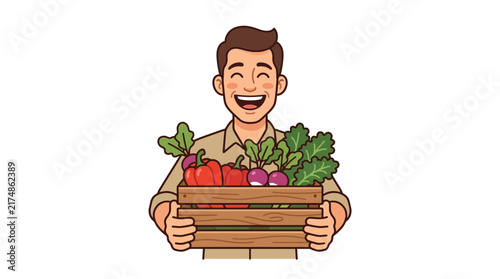 Happy cartoon man holding a wooden crate filled with fresh, colorful vegetables like peppers, radishes, and leafy greens, depicting farming and healthy eating.
