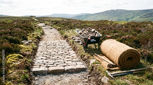 Upland Footpath Rebuilt With Hand-Laid Stone Pitching Showing Erosion Repair Work