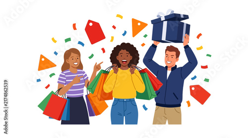 Three diverse happy people celebrating a successful shopping spree with bags, a gift box, confetti, and price tags.