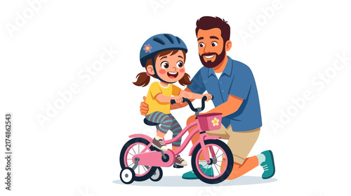 A loving father teaches his happy young daughter how to ride a pink bicycle with training wheels, both smiling during the learning process.