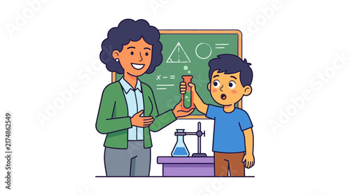 A smiling female teacher guiding a surprised male student holding a test tube with green liquid during a science experiment in a classroom.