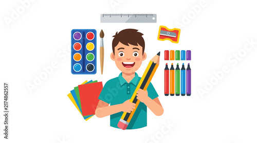Happy boy holding a giant pencil surrounded by various art and school supplies for creative activities and drawing.