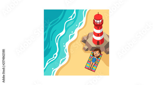 Aerial view of a sandy beach with turquoise ocean waves, a red and white striped lighthouse, and a person relaxing on a colorful towel.