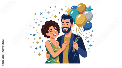 Happy couple celebrating with balloons and confetti, embracing joyfully at a festive party event.
