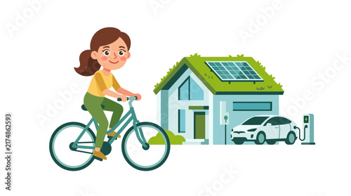 A cartoon illustration of a girl riding a bicycle past a sustainable house with solar panels and an electric car charging.