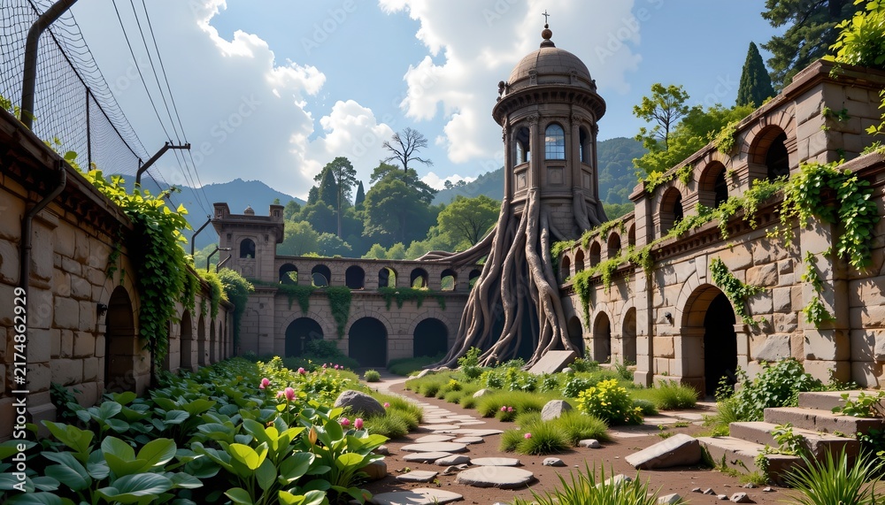 Obraz premium The image depicts an elaborate, fairy tale like scene featuring a central structure resembling a tower with an ornate dome at the top