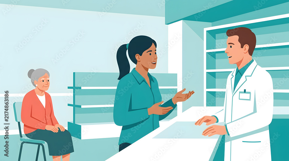 Fototapeta premium Caregiver consulting a pharmacist while an older woman waits beside a clean generic counter