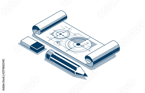 Engineering project concept, paper document blueprint engineer work vector 3D isometric illustration, abstract draft drawing, cad technical plan.
