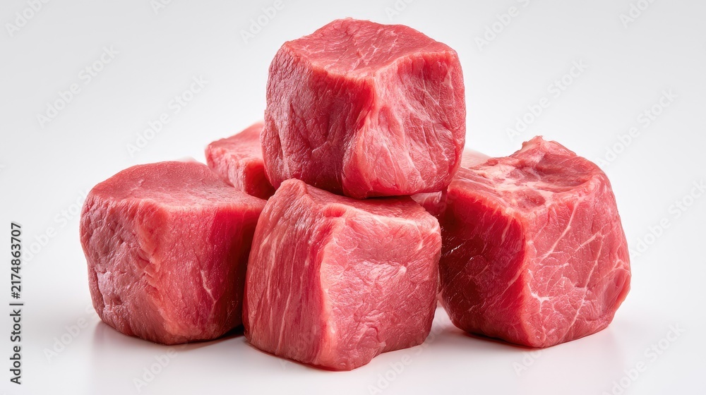Fototapeta premium Fresh Raw Cubes of Red Meat on White Background for Cooking Use
