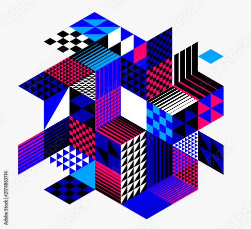 3D isometric cubic design vector geometric abstract background, modern city abstraction theme, construction buildings and blocks look like shapes, polygonal style.