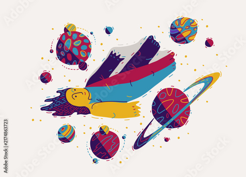 Bild auf Leinwand Person floating among planets in space, imagination and exploration concept, dreamer in universe, freedom, creativity, cosmic journey illustration