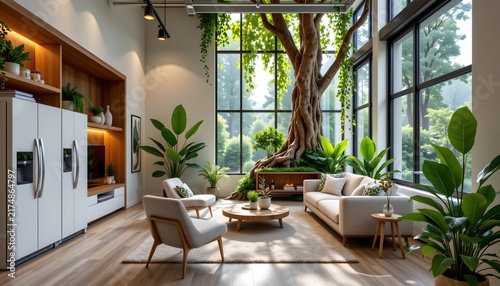 The image shows a modern, brightly lit living room with large floor to ceiling windows that let in abundant natural light