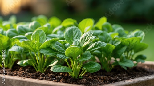 Fresh Green Spinach Plants Growing in Organic Garden Bed