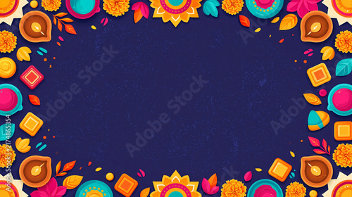 Top-down flat vector Diwali arrangement with clay diya lamps, marigold flowers, rangoli powder bowls, Indian sweets and decorative leaves framing a large central copy space.