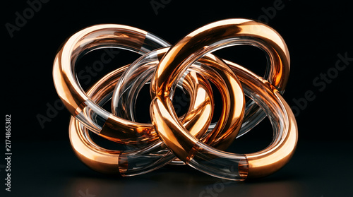 Abstract sculpture with shiny metallic and transparent elements on black background
