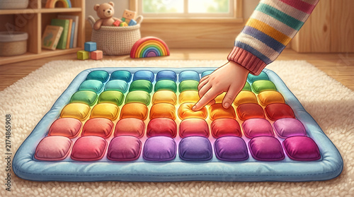 Child playing with a colorful pop-it toy in a bright and cozy room