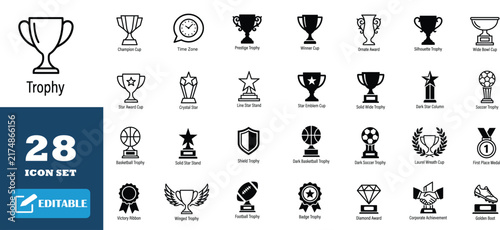 Minimalist trophy icon set with black silhouette cups awards medals and ribbon symbols on transparent grid.