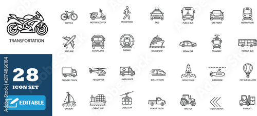 Outline transportation icon set featuring modern vehicles public transit options and cargo shipping methods.