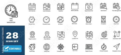 Linear time and navigation icon set with calendar schedules analog clocks geographic maps and compass guides.