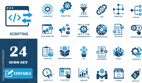 Scripting icon set with blue automation and marketing elements for business presentations and web design.