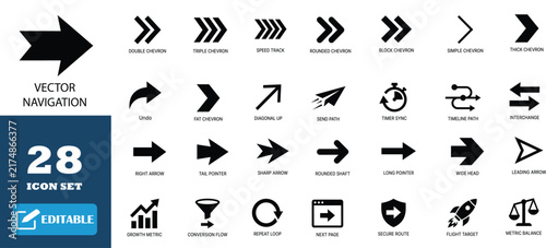 Vector navigation icon set with black arrows for direction, movement, and business growth in design.