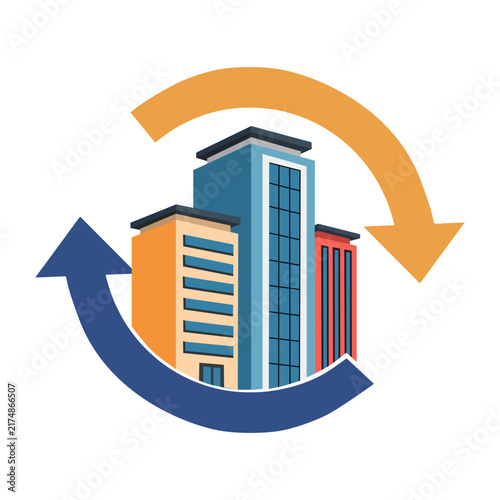 Modern Office Tall Building Disaster Reverse Recovery Signs. Flat Vector Illustration.  