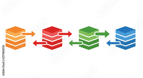 Colorful Data Storage Icons with Arrows Illustrating Data Flow and Connection