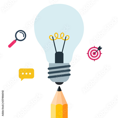 Creative Light Bulb Illustration with Magnifying Glass Target and Speech Bubble on White Background